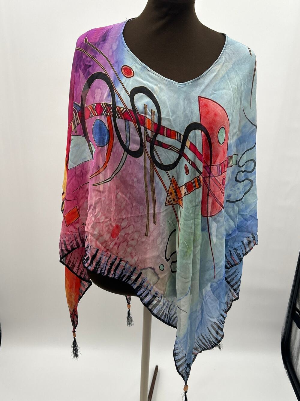 Dilemma New York 100% Silk Abstract Art Poncho Top One Size Tassel Boho Colorful